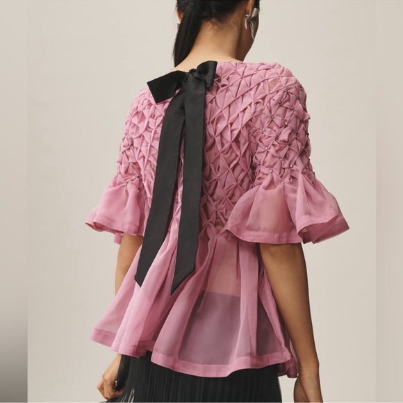 Anthropologie Tops - NWT Anthropologie Maeve Rhinestone Smock Sheer Babydoll Bow Top Pink Size XS